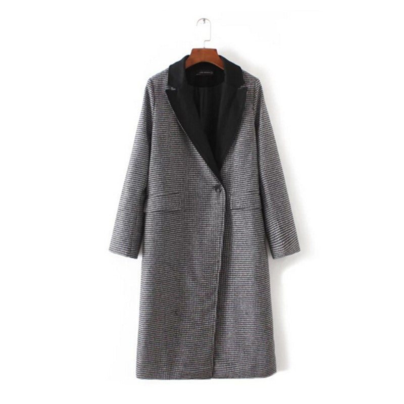 Houndstoo Plaid Wool blend Trench Women Spliced Black Lapel Long sleeve one button Long Windbreaker Coat Outerwear