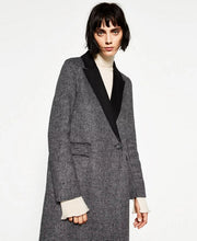 Houndstoo Plaid Wool blend Trench Women Spliced Black Lapel Long sleeve one button Long Windbreaker Coat Outerwear