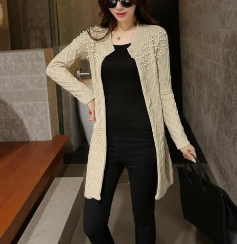Long Knitted Sweater Cardigan Women Bead Pearl Long Sweaters Outwear Long Sleeve Casual Cardigan GV272