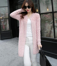 Long Knitted Sweater Cardigan Women Bead Pearl Long Sweaters Outwear Long Sleeve Casual Cardigan GV272