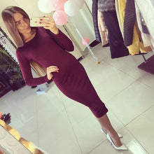 Long Sleeve Knee Length Midi Dress Slim Bodycon Bandage Black Wine Red Women Dresses Bandage Vestidos