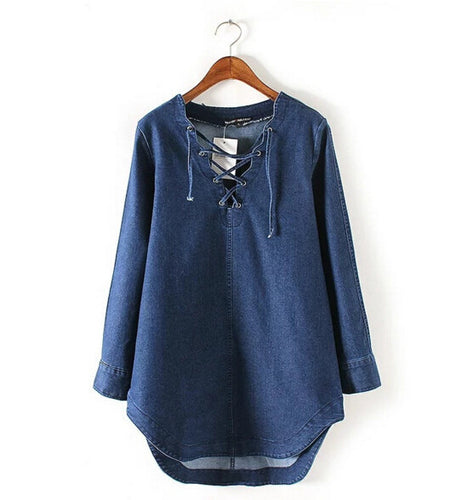 Metal Eye Lacing up V neck Long sleeve Denim Dress Women shirt Dress Femme jurk elbise robe longue Blue s m l