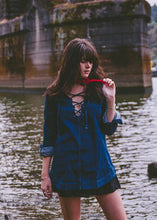 Metal Eye Lacing up V neck Long sleeve Denim Dress Women shirt Dress Femme jurk elbise robe longue Blue s m l