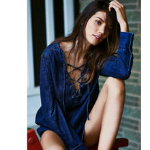 Metal Eye Lacing up V neck Long sleeve Denim Dress Women shirt Dress Femme jurk elbise robe longue Blue s m l
