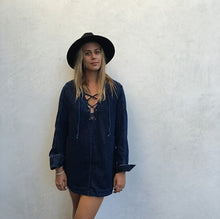 Metal Eye Lacing up V neck Long sleeve Denim Dress Women shirt Dress Femme jurk elbise robe longue Blue s m l