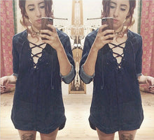 Metal Eye Lacing up V neck Long sleeve Denim Dress Women shirt Dress Femme jurk elbise robe longue Blue s m l