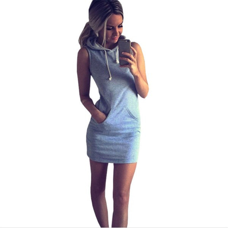 Women Dresses Hooded Front Pocket Sleeveless Dress Casual Sports Style Women Gray Hoodie Dress