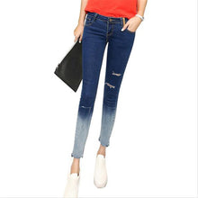 Gradient Color Pencil Jeans With Hole Women Knee Ripped Ankle-Length Skinny Denim Pants Capris