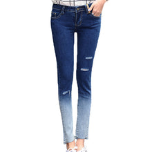Gradient Color Pencil Jeans With Hole Women Knee Ripped Ankle-Length Skinny Denim Pants Capris