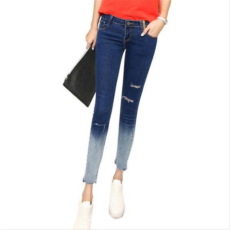 Gradient Color Pencil Jeans With Hole Women Knee Ripped Ankle-Length Skinny Denim Pants Capris
