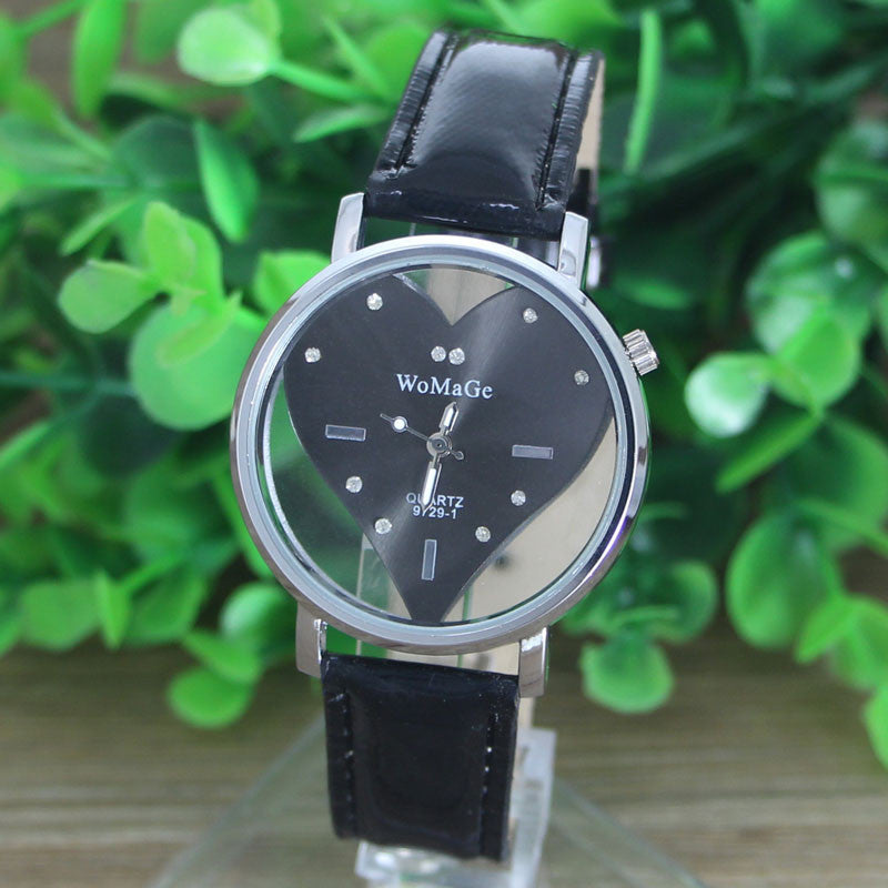 PU Leather Transparent Dial Hollow Heart Analog Quartz Wrist Watch