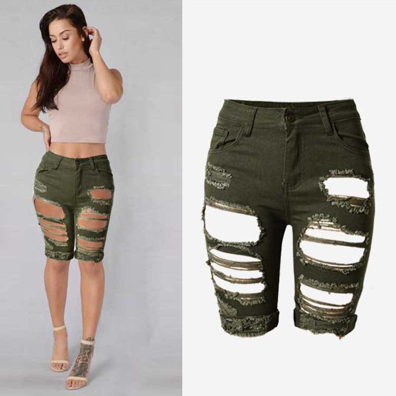 Shorts Women Personality High Waist Shorts Green Ripped Short Jeans Woman Denim Shorts Plus Size
