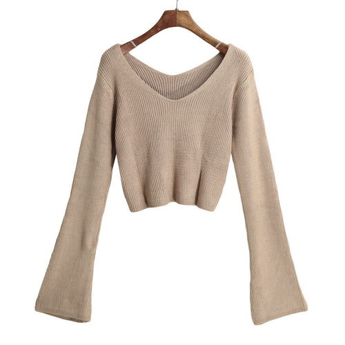 women-knitted-crop-top-ladies-solid-v-neck-sweater-long-flare-sleeve-casual-pullover-tops-white-knitwear BBL
