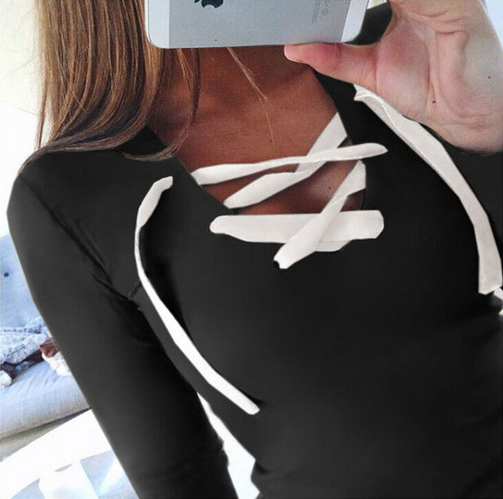 Women Hoodies Sweatshirts Long Sleeve V-neck Bandage Hoodies Shirts Casual Sexy Women Tops