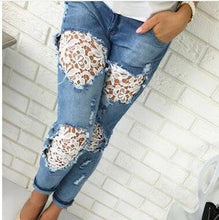 Casual Women Jeans Mid-waist Slim Denim Pants Sexy Holes Skinny Lace Crochet Patchwork Pencil Jeans Long Trousers M0583