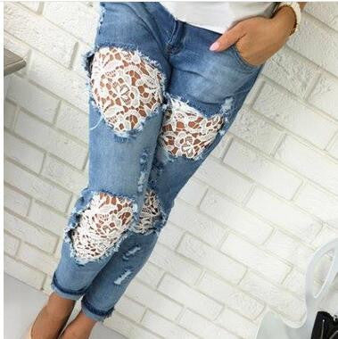 Casual Women Jeans Mid-waist Slim Denim Pants Sexy Holes Skinny Lace Crochet Patchwork Pencil Jeans Long Trousers M0583