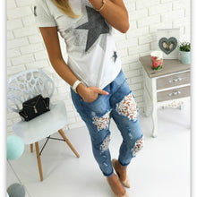 Casual Women Jeans Mid-waist Slim Denim Pants Sexy Holes Skinny Lace Crochet Patchwork Pencil Jeans Long Trousers M0583