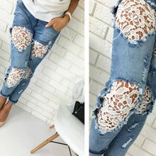 Casual Women Jeans Mid-waist Slim Denim Pants Sexy Holes Skinny Lace Crochet Patchwork Pencil Jeans Long Trousers M0583