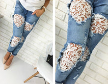 Casual Women Jeans Mid-waist Slim Denim Pants Sexy Holes Skinny Lace Crochet Patchwork Pencil Jeans Long Trousers M0583
