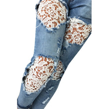 Casual Women Jeans Mid-waist Slim Denim Pants Sexy Holes Skinny Lace Crochet Patchwork Pencil Jeans Long Trousers M0583