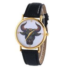 Colorful Women Men Retro Tau bull Print Faux Leather Band Quartz Watches Men