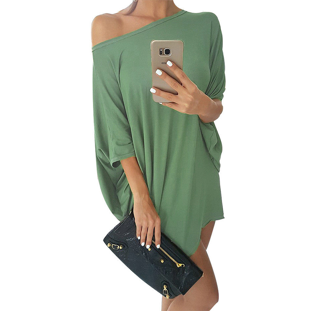 Sexy Cold Shoulder Loose Batwing Sleeve Solid Mini Dress For Women Clothings Plus Size LX229