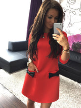 women-dress-bow-small-pocket-round-neck-three-quarter-sleeve-casual-mini-dress-vestidos BBL