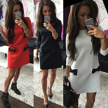 women-dress-bow-small-pocket-round-neck-three-quarter-sleeve-casual-mini-dress-vestidos BBL