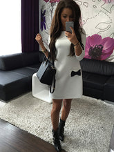 women-dress-bow-small-pocket-round-neck-three-quarter-sleeve-casual-mini-dress-vestidos BBL