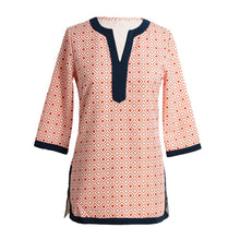women-blouses-geometric-print-split-v-neck-tee-shirt-three-quarter-sleeve-casual-tops-long-shirt-pink-red-blue BBL