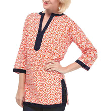 women-blouses-geometric-print-split-v-neck-tee-shirt-three-quarter-sleeve-casual-tops-long-shirt-pink-red-blue BBL