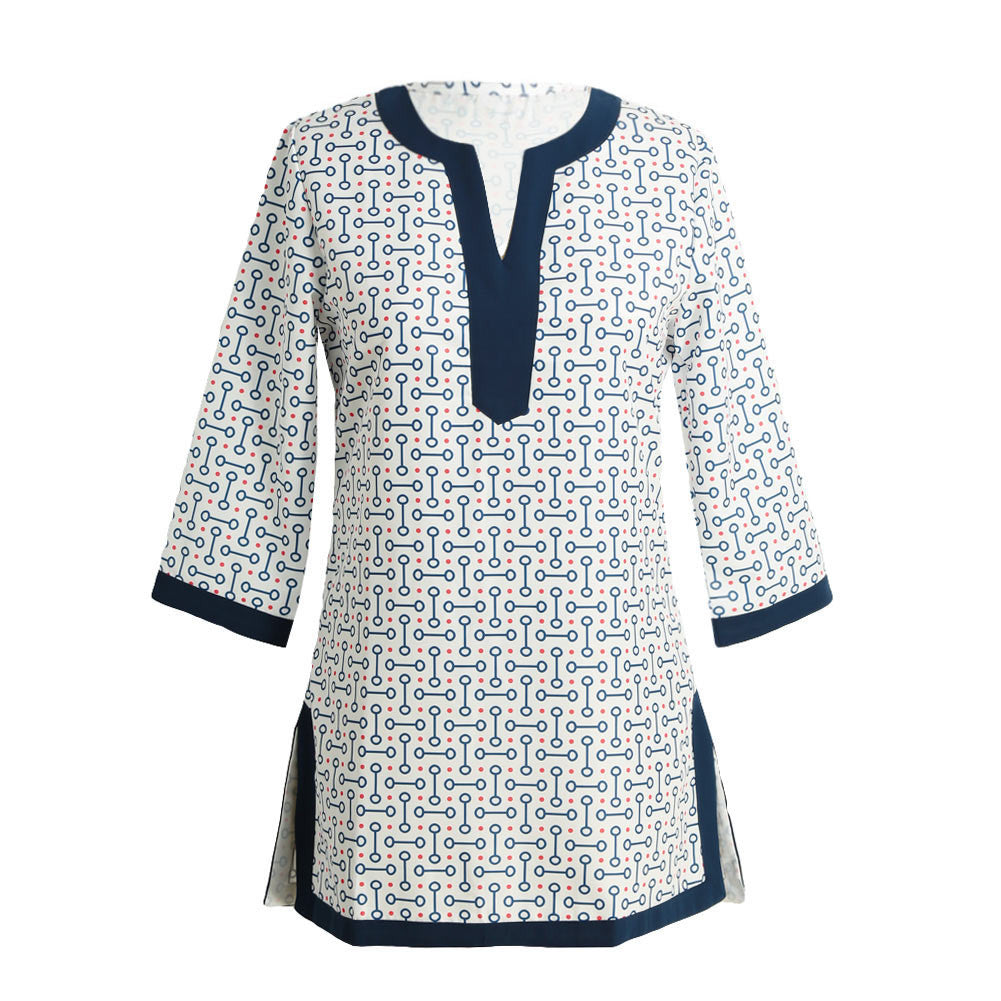 women-blouses-geometric-print-split-v-neck-tee-shirt-three-quarter-sleeve-casual-tops-long-shirt-pink-red-blue BBL