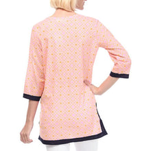 women-blouses-geometric-print-split-v-neck-tee-shirt-three-quarter-sleeve-casual-tops-long-shirt-pink-red-blue BBL