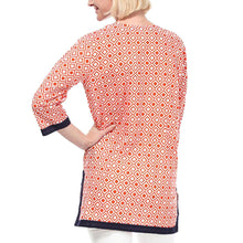 women-blouses-geometric-print-split-v-neck-tee-shirt-three-quarter-sleeve-casual-tops-long-shirt-pink-red-blue BBL
