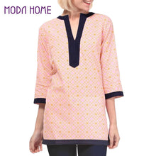 women-blouses-geometric-print-split-v-neck-tee-shirt-three-quarter-sleeve-casual-tops-long-shirt-pink-red-blue BBL