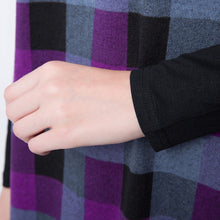 women-dress-round-neckline-long-sleeve-plaid-dress-contrastcolor-mini-dress-blue-purple BBL