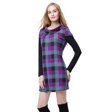 women-dress-round-neckline-long-sleeve-plaid-dress-contrastcolor-mini-dress-blue-purple BBL