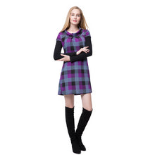 women-dress-round-neckline-long-sleeve-plaid-dress-contrastcolor-mini-dress-blue-purple BBL