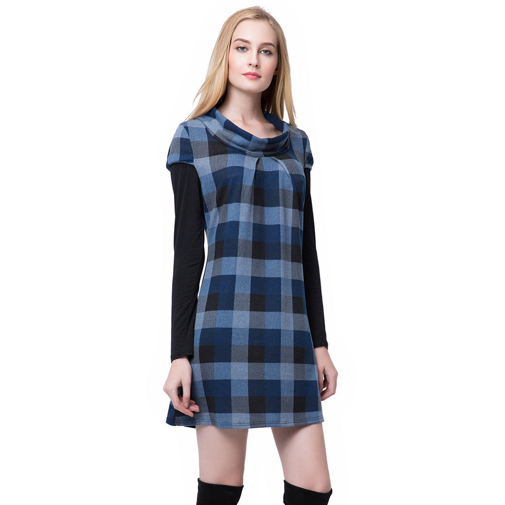 women-dress-round-neckline-long-sleeve-plaid-dress-contrastcolor-mini-dress-blue-purple BBL