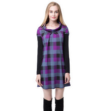 women-dress-round-neckline-long-sleeve-plaid-dress-contrastcolor-mini-dress-blue-purple BBL