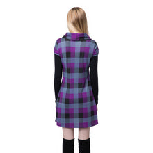 women-dress-round-neckline-long-sleeve-plaid-dress-contrastcolor-mini-dress-blue-purple BBL