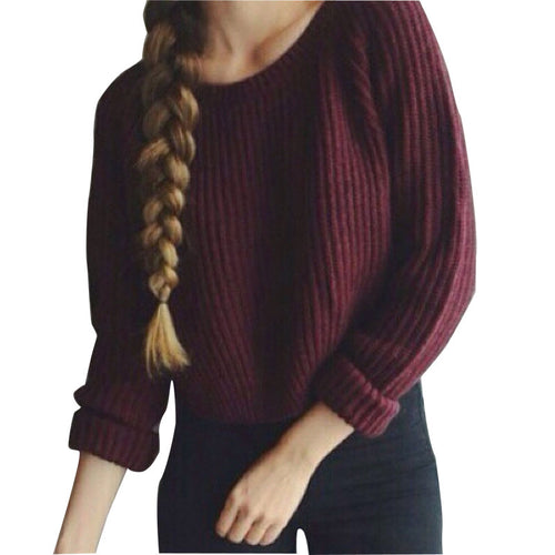 Knitted Women Sweaters and Pullovers Short Cropped Sweater O Neck Solid Color Long Sleeve Knitted Sweater