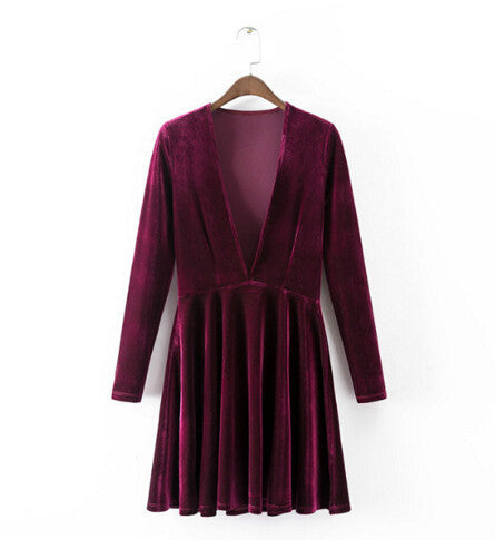 Sexy Deep V neck Stretch Velvet Skater Dress American apparel AA Vintage Long sleeve Pleated Dresses Femme