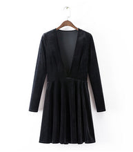 Sexy Deep V neck Stretch Velvet Skater Dress American apparel AA Vintage Long sleeve Pleated Dresses Femme