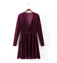 Sexy Deep V neck Stretch Velvet Skater Dress American apparel AA Vintage Long sleeve Pleated Dresses Femme