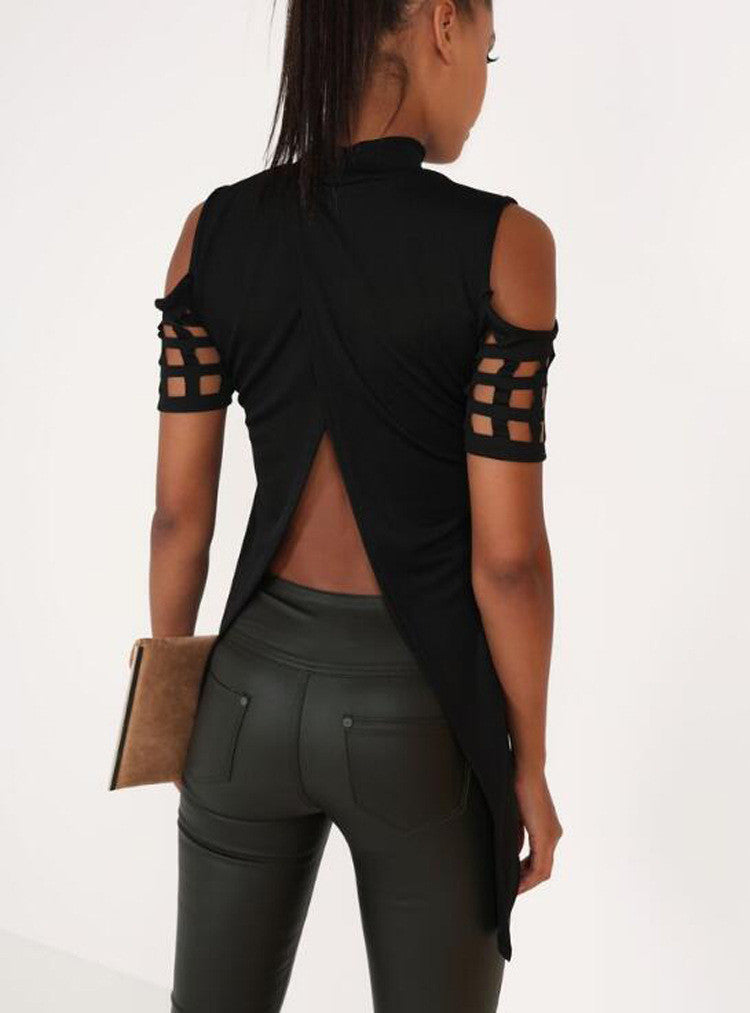 Sexy Women Hollow Out T-shirt Short Sleeve Tee Shirts Irregular Split Top Long T Shirts Top GV468