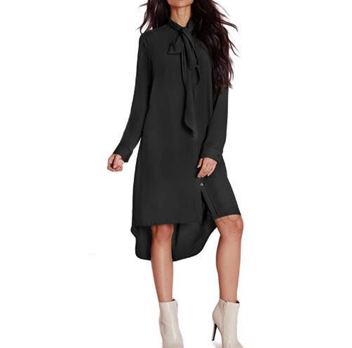 Style Casual Loose Women Bow Tie Shirts Dress Long Sleeve Solid Color Dresses Vestidos Plus Size