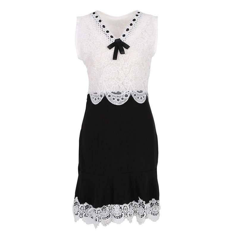 new-women-black-and-white-lace-dress-ladies-sleeveless-vintage-dresses-casual-mini-bow-dress-ly3 BBL
