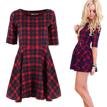 new-women-red-plaid-dress-round-neck-half-sleeve-fashion-mini-dresses-vestidos-y2 BBL