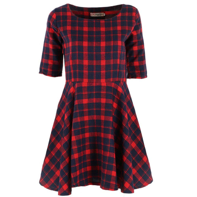 new-women-red-plaid-dress-round-neck-half-sleeve-fashion-mini-dresses-vestidos-y2 BBL